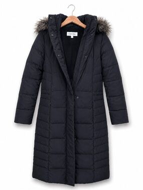 Calvin Klein | Black Long Hooded Puffer Parka Quilted Zip Snap Coat Jacket Small